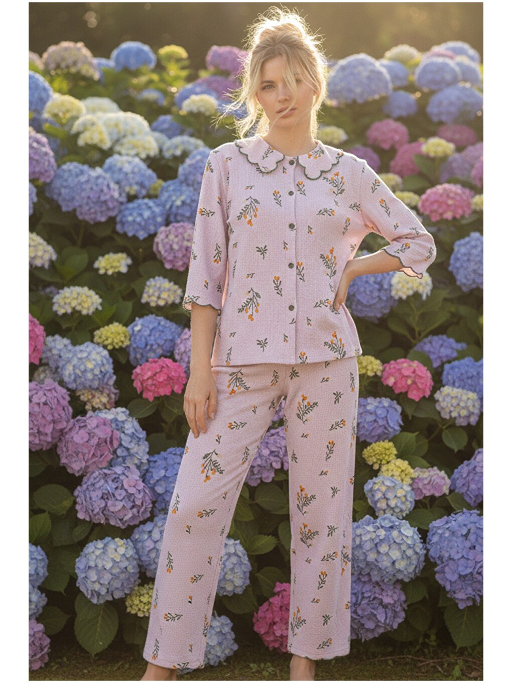 Lila Bürümcük-krınkıl Nakışlı Düğmeli Pijama Takım 26120575-1