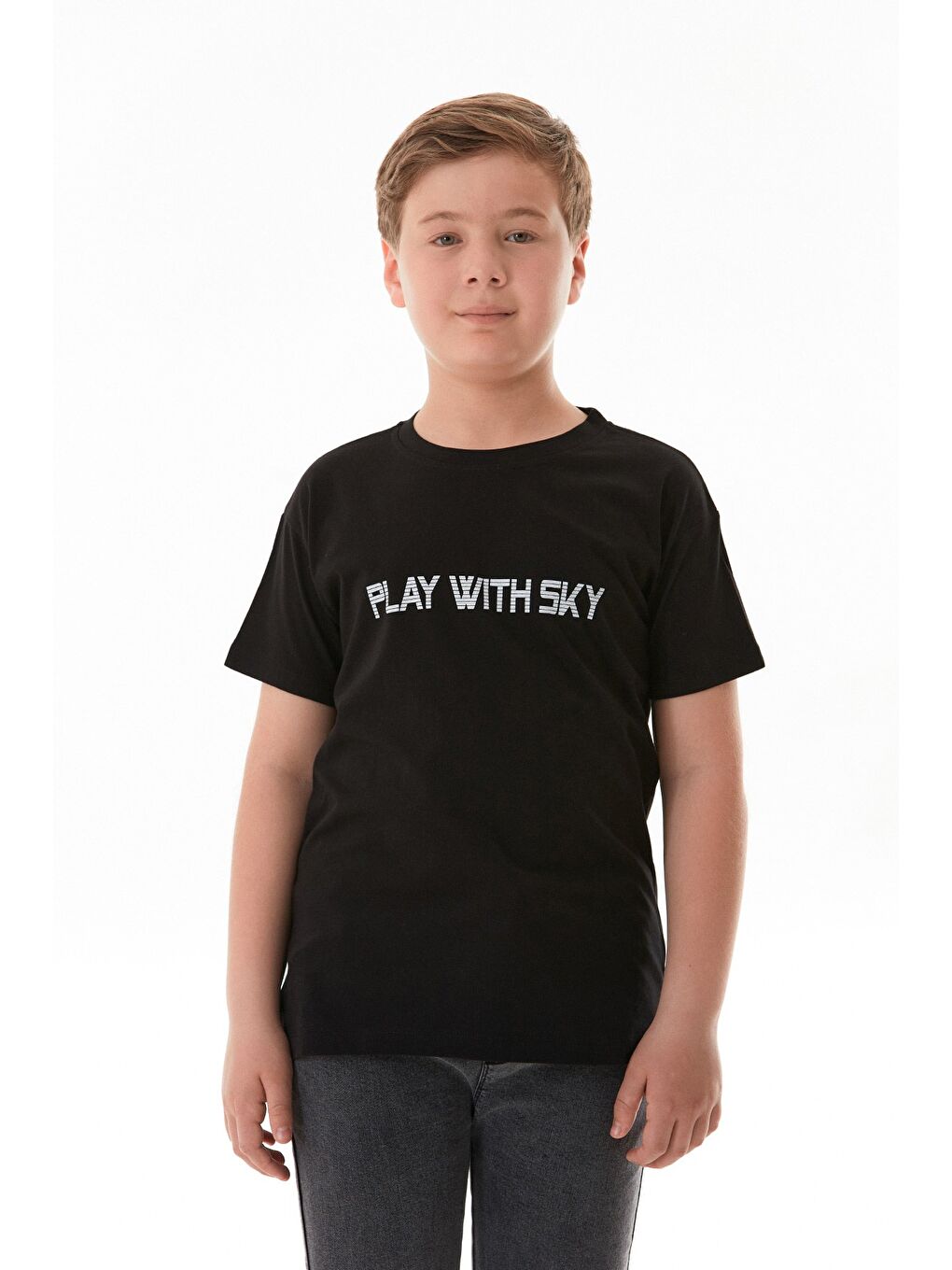 Siyah %100 Pamuk Play With Sky Baskılı Erkek Çocuk Tişört