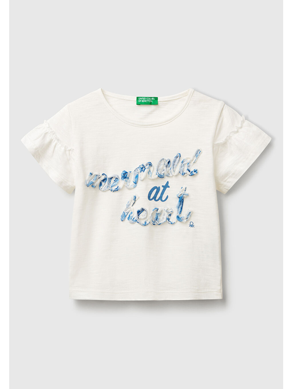 Kız Çocuk Beyaz Önü Baskılı Kolu Fırfırlı Boxy Fit T-Shirt