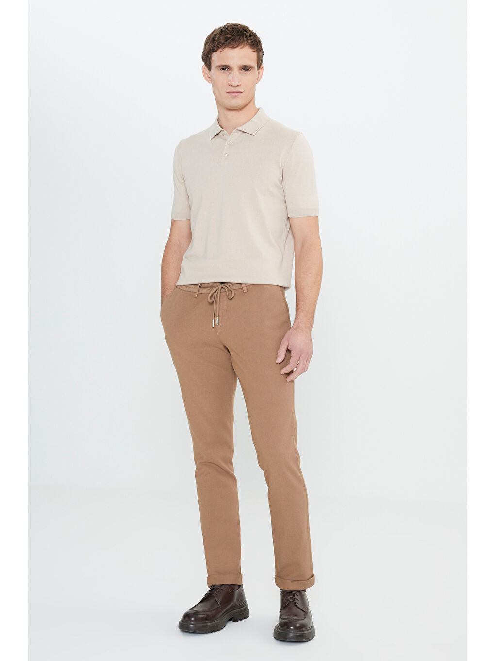 Bej Erkek Vizon Slim Fit Dar Kesim Beli Bağlamalı Esnek Pantolon