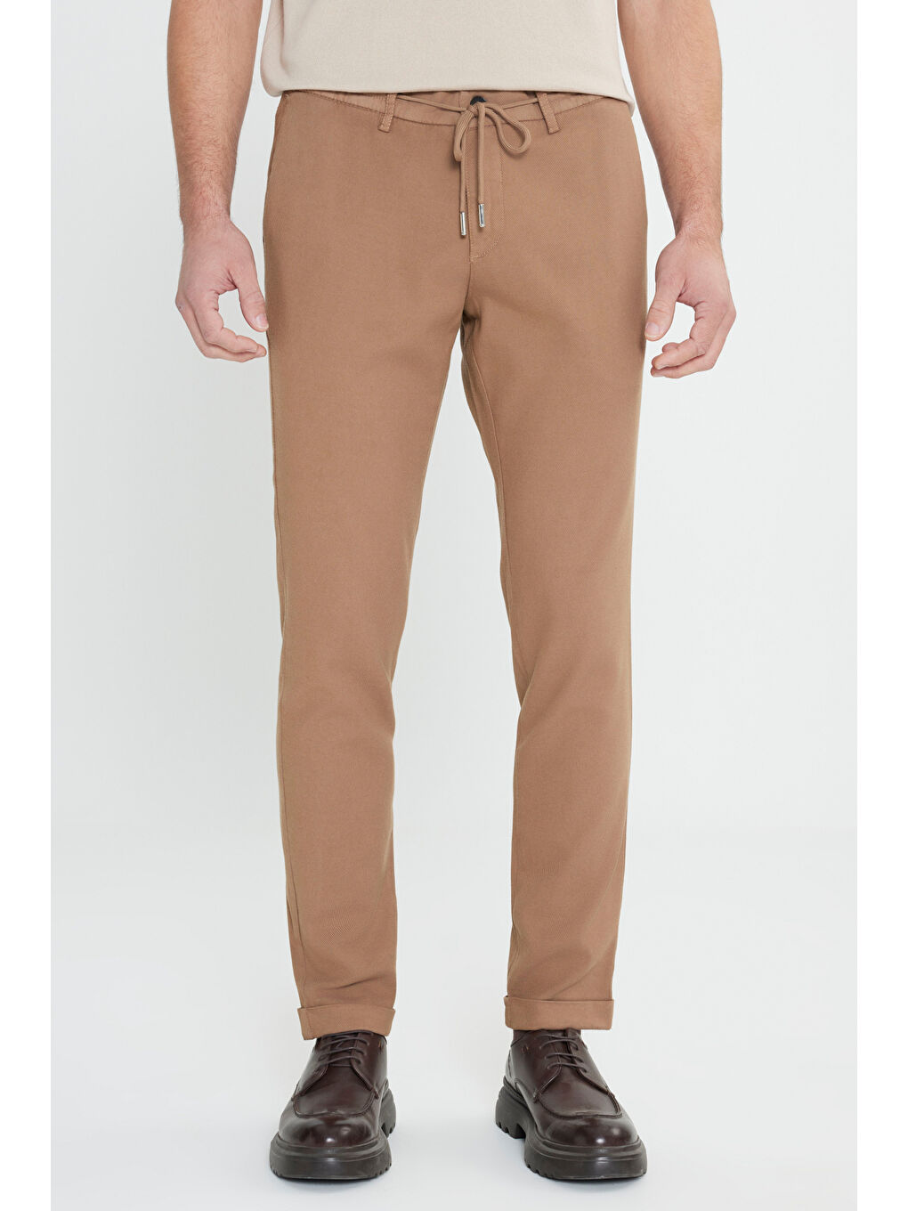Bej Erkek Vizon Slim Fit Dar Kesim Beli Bağlamalı Esnek Pantolon-2