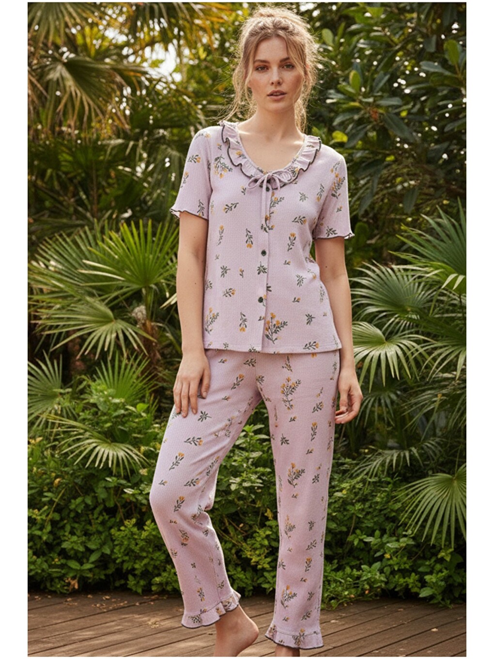 Lila Bürümcük-krınkıl Düğmeli Pijama Takım26120625-1