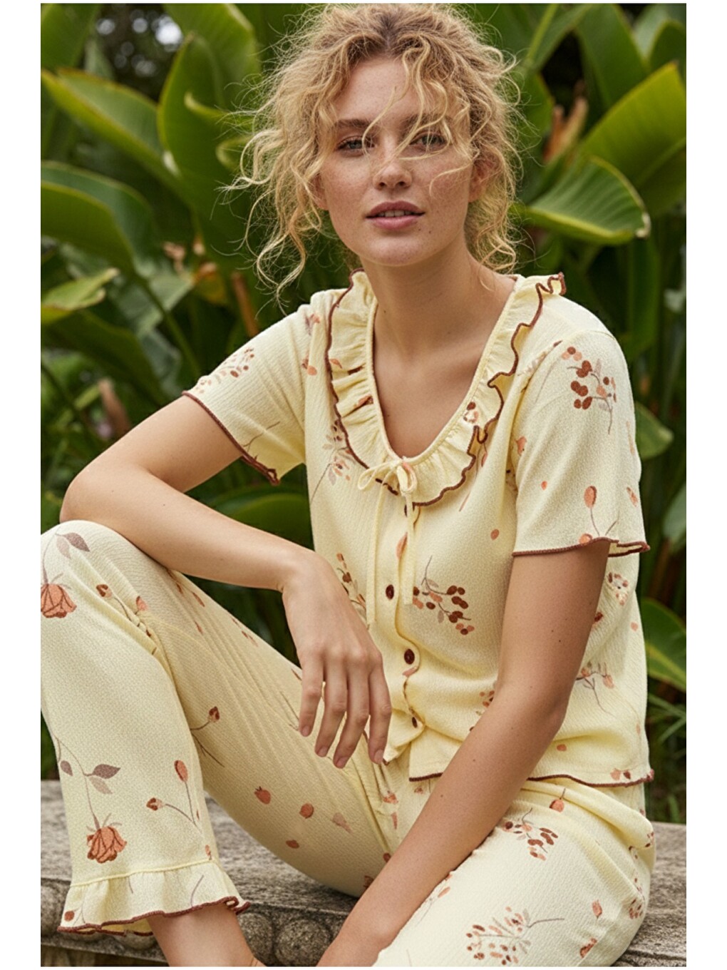 Sarı Bürümcük-krınkıl Düğmeli Pijama Takım26120625