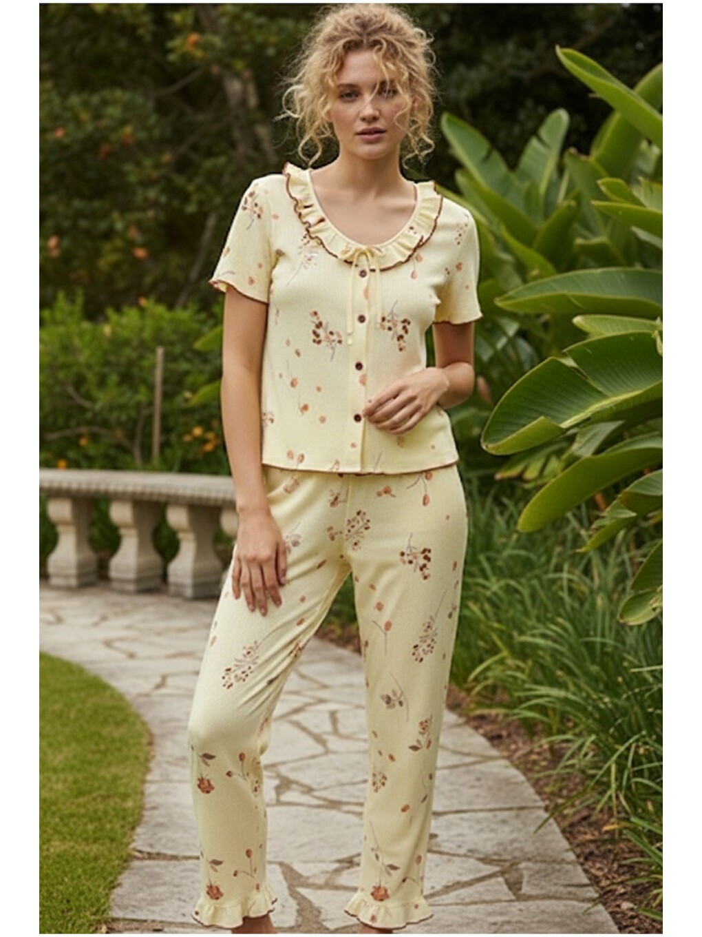 Sarı Bürümcük-krınkıl Düğmeli Pijama Takım26120625-1