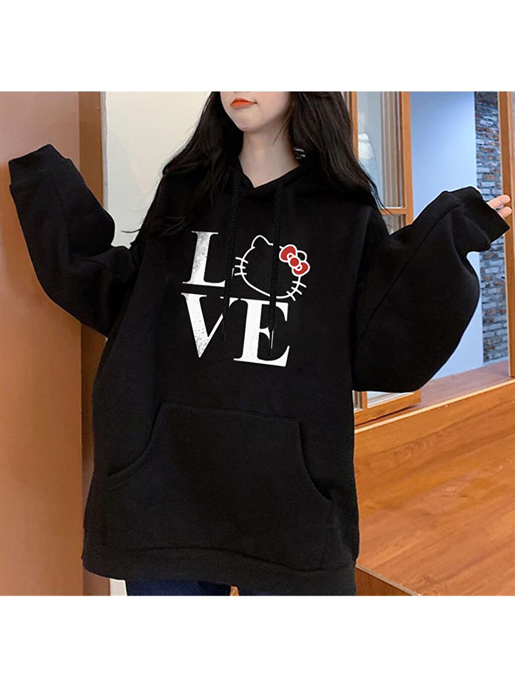 Touz Moda Siyah Love Cat Baskılı Siyah Unisex Oversize Kapüşonlu Sweatshirt