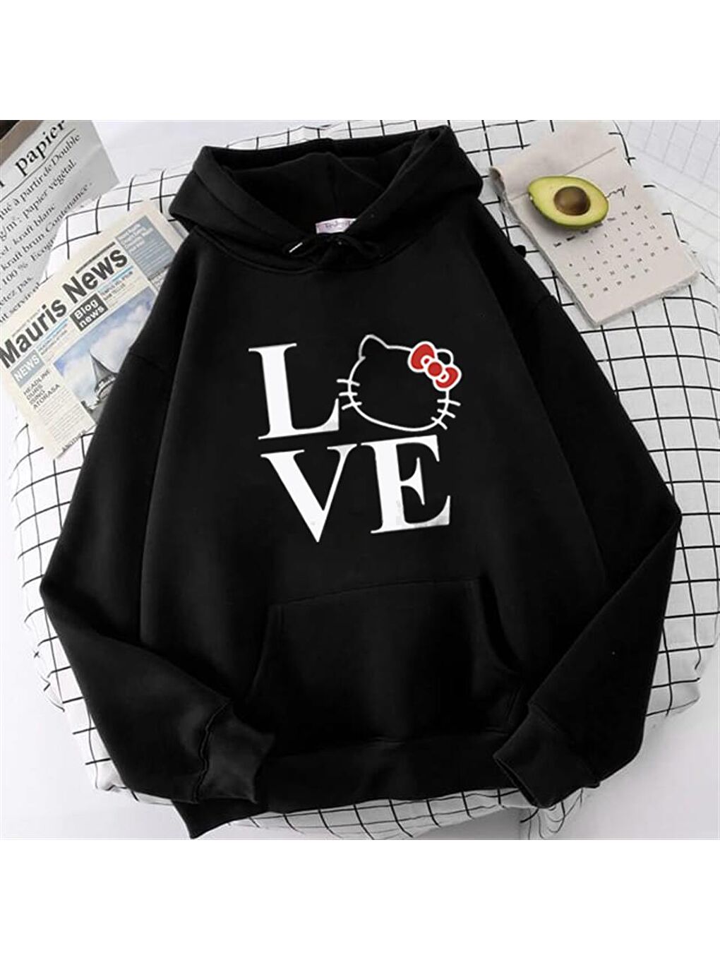 Touz Moda Siyah Love Cat Baskılı Siyah Unisex Oversize Kapüşonlu Sweatshirt - 1