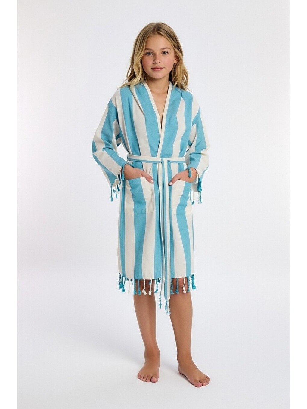 Mavi Çocuk Striped Peştamal Bornoz %100 Pamuk Unisex