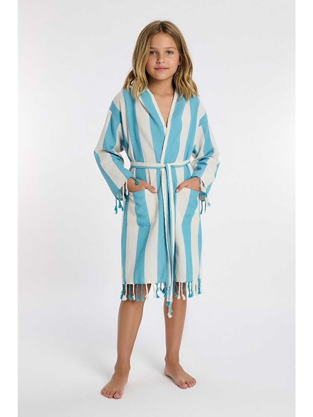 Mavi Çocuk Striped Peştamal Bornoz %100 Pamuk Unisex-1
