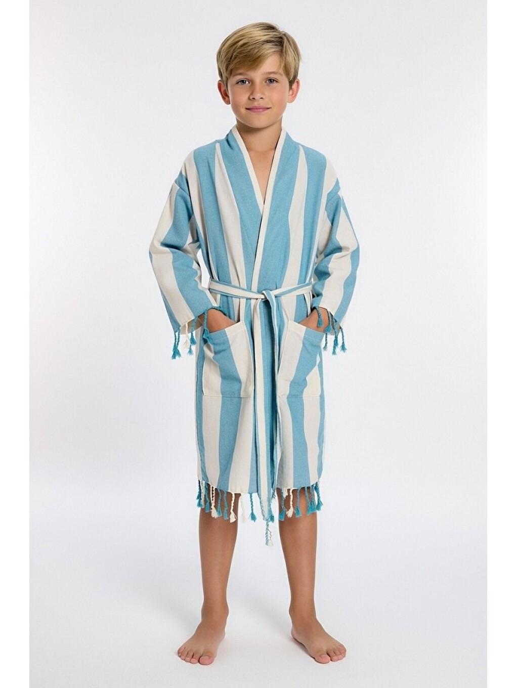 Mavi Çocuk Striped Peştamal Bornoz %100 Pamuk Unisex-2
