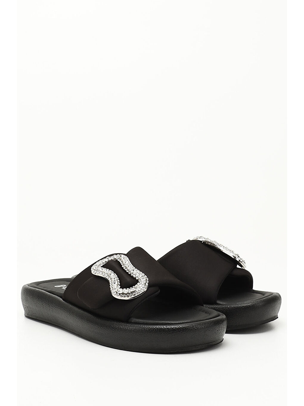 Mor Kadın ZÜMRÜT-SİYAH Scuba Kumaş Taşlı Tokalı Comfort Terlik