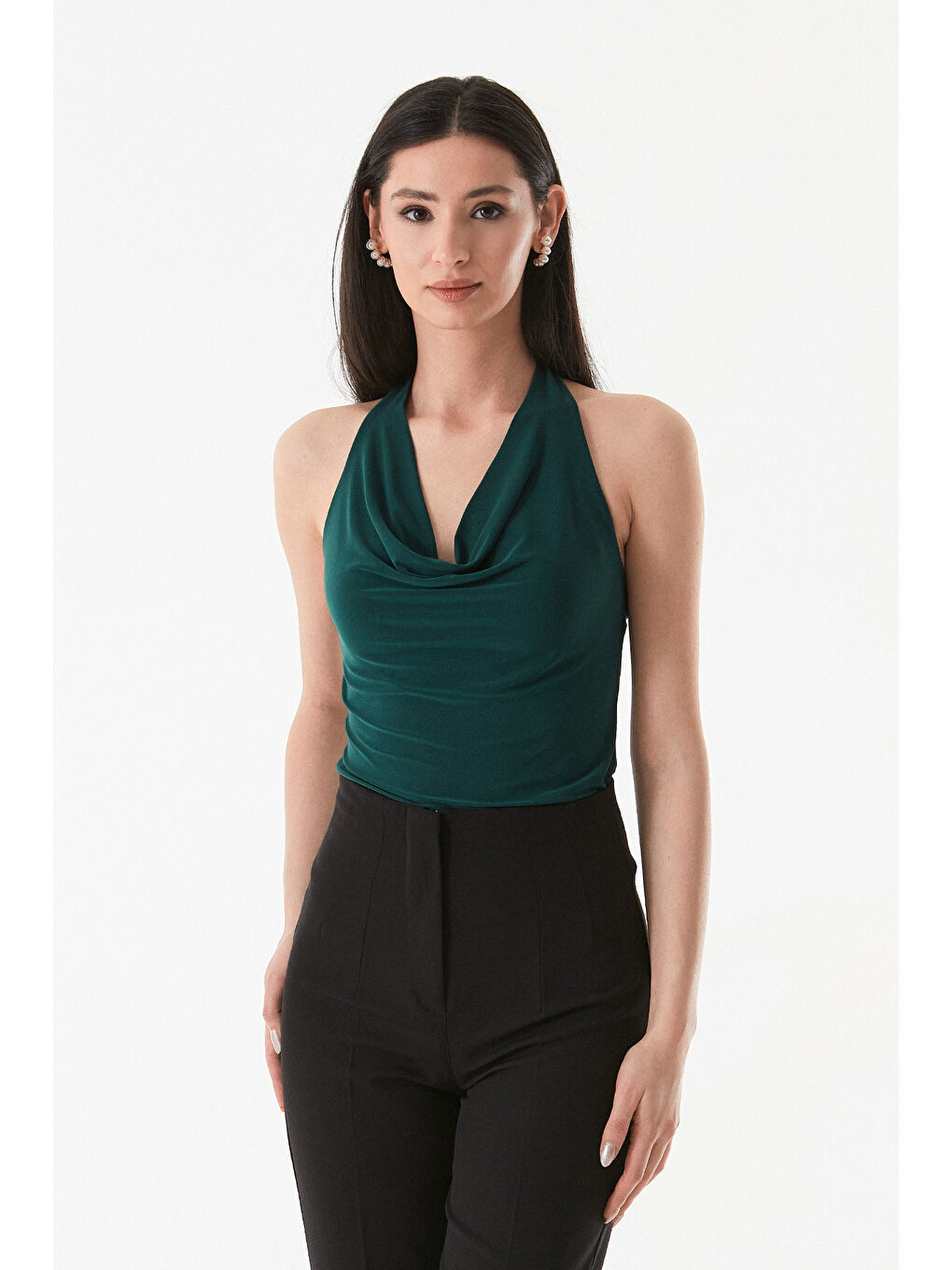 Yeşil Boyundan Geçmeli Degaje Yaka Bluz-2