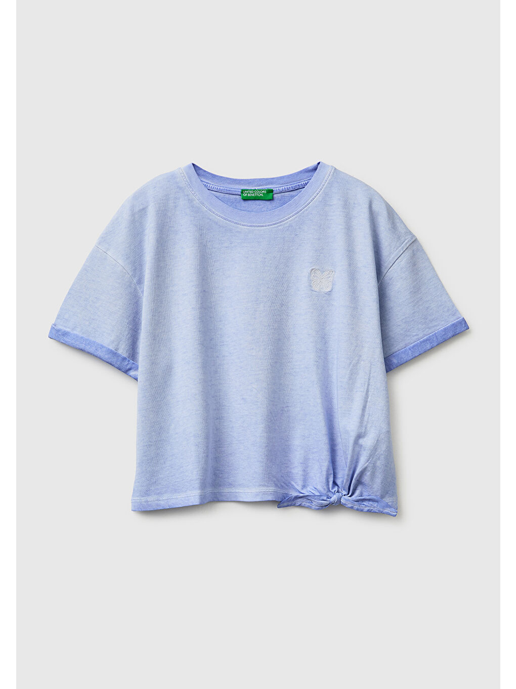 Kız Çocuk Mavi Etek Ucu Düğümlü Baskılı Boxy Fit Kısa Kollu T-Shirt