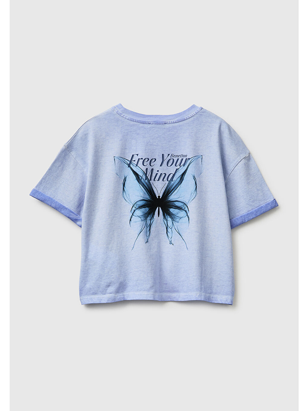 Kız Çocuk Mavi Etek Ucu Düğümlü Baskılı Boxy Fit Kısa Kollu T-Shirt-1