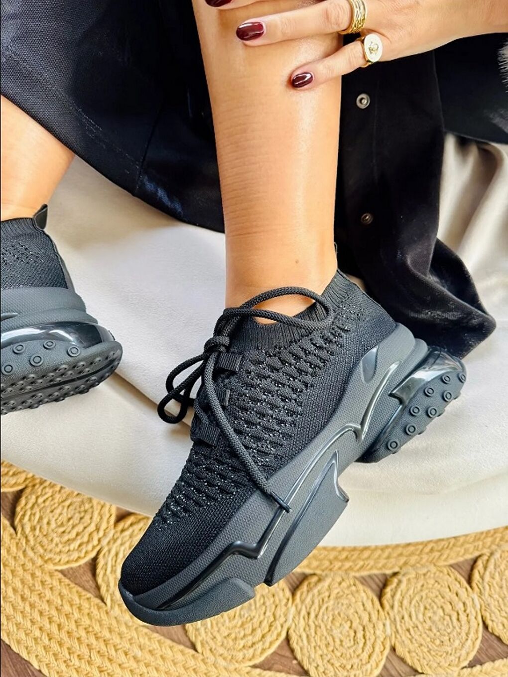 Siyah Renk Triko Taş Detaylı Ortopedik Rahat Kalıp Kadın Sneakers Ve Spor Ayakkabı Taban 5 Cm.-2