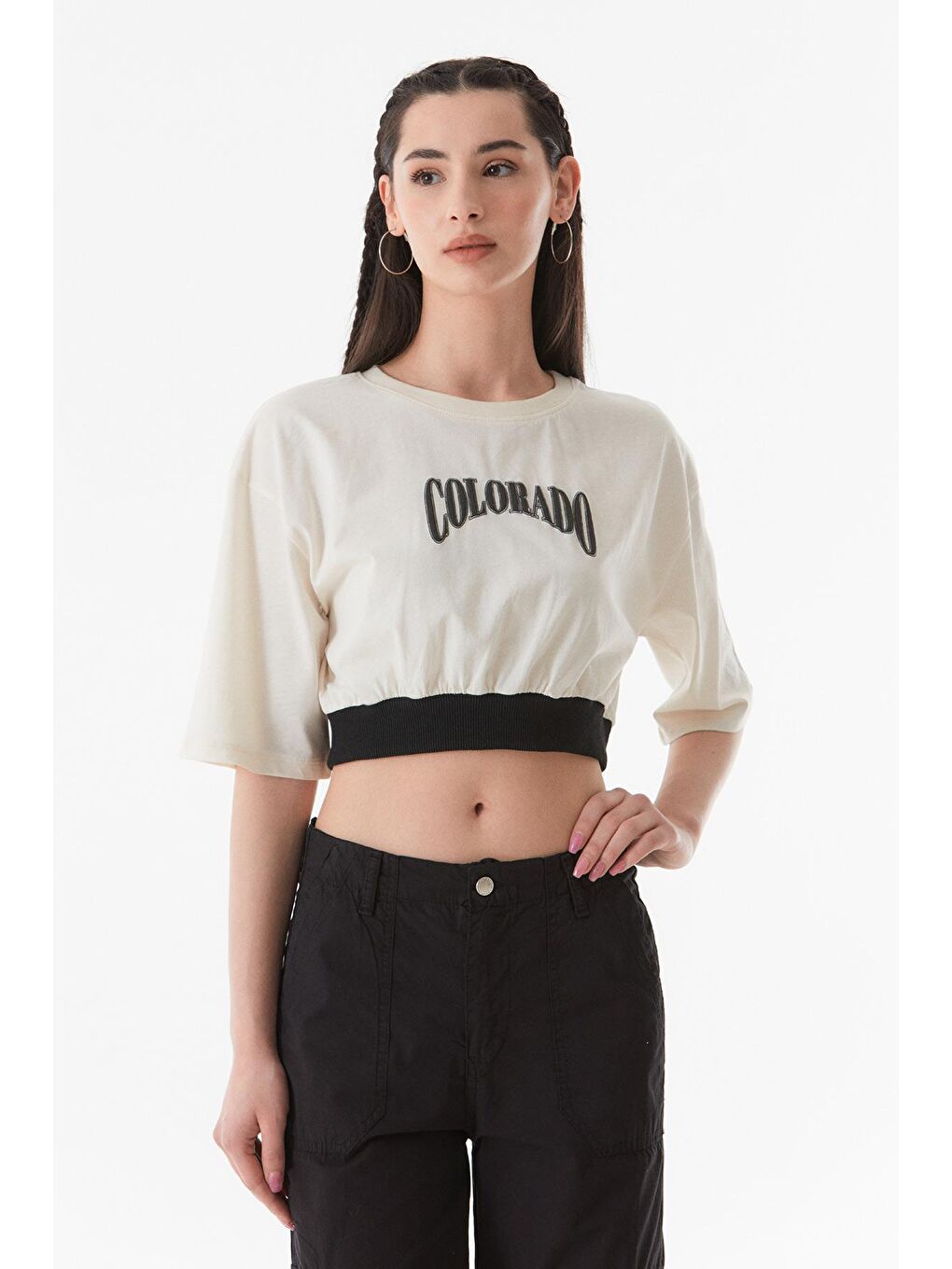 Ekru Baskılı Ribana Crop Tişört-1