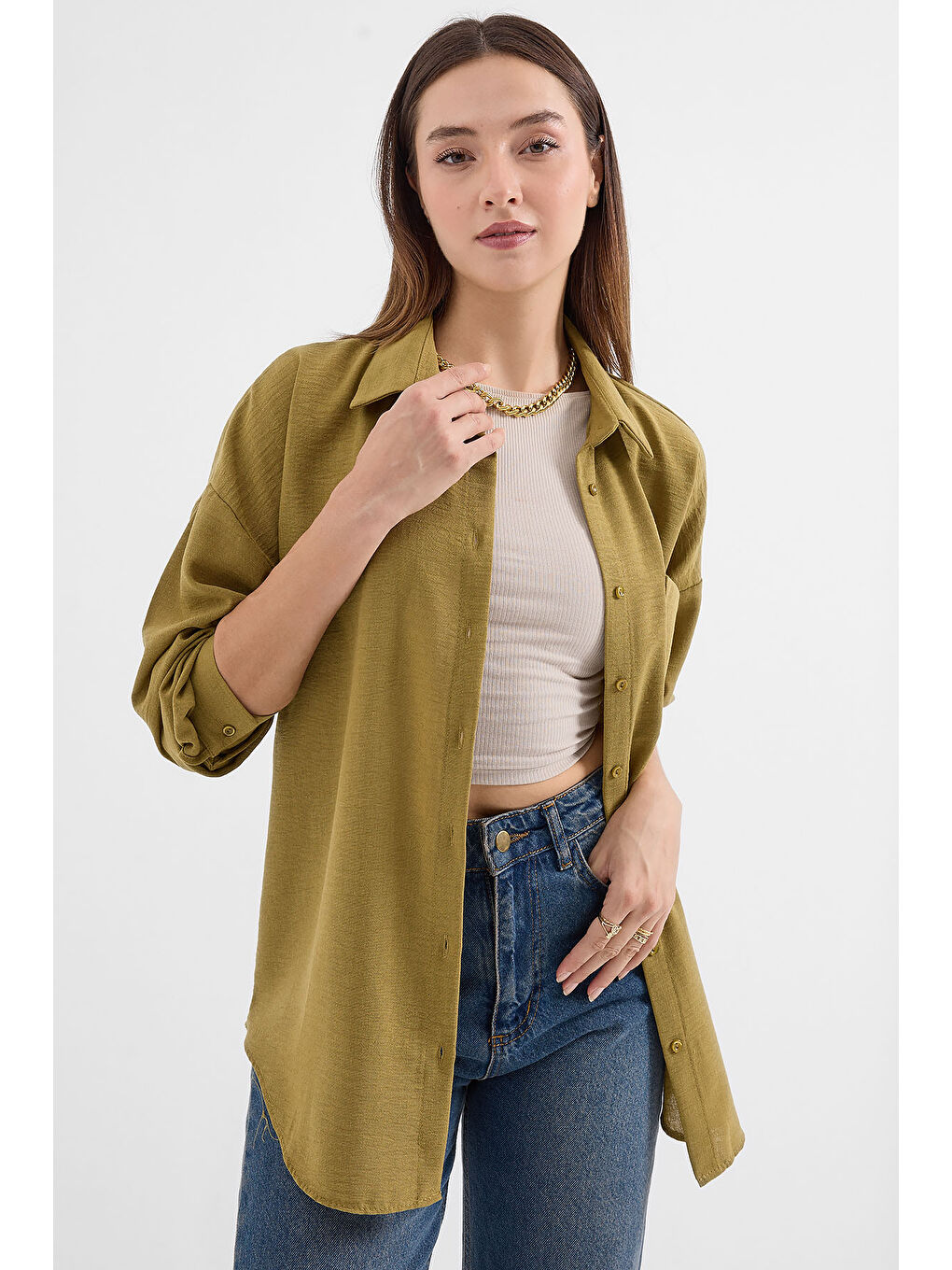 20153 Tek Cepli Oversize Keten Gömlek - F. Yeşil-1