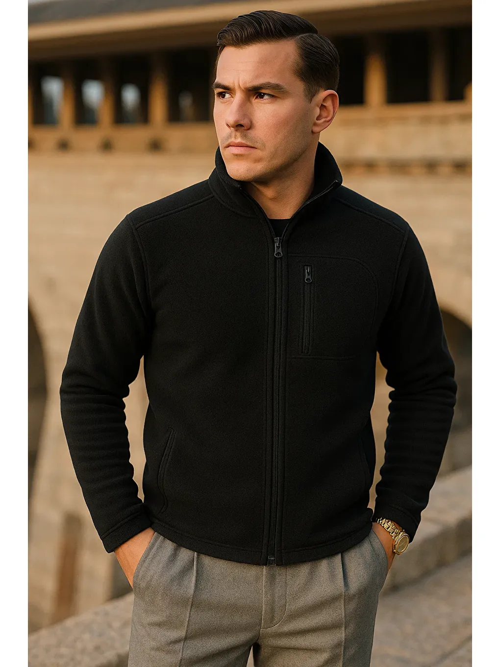 Erkek Kışlık Fermuarlı Trend Cepli Siyah Polar Ceket-1