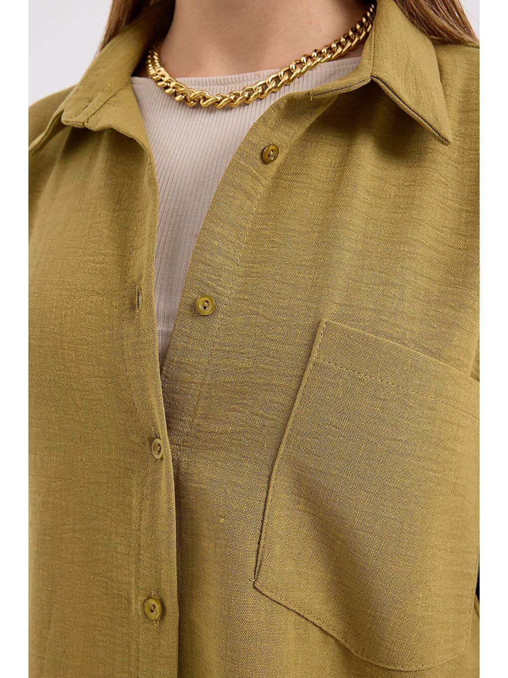 20153 Tek Cepli Oversize Keten Gömlek - F. Yeşil-3