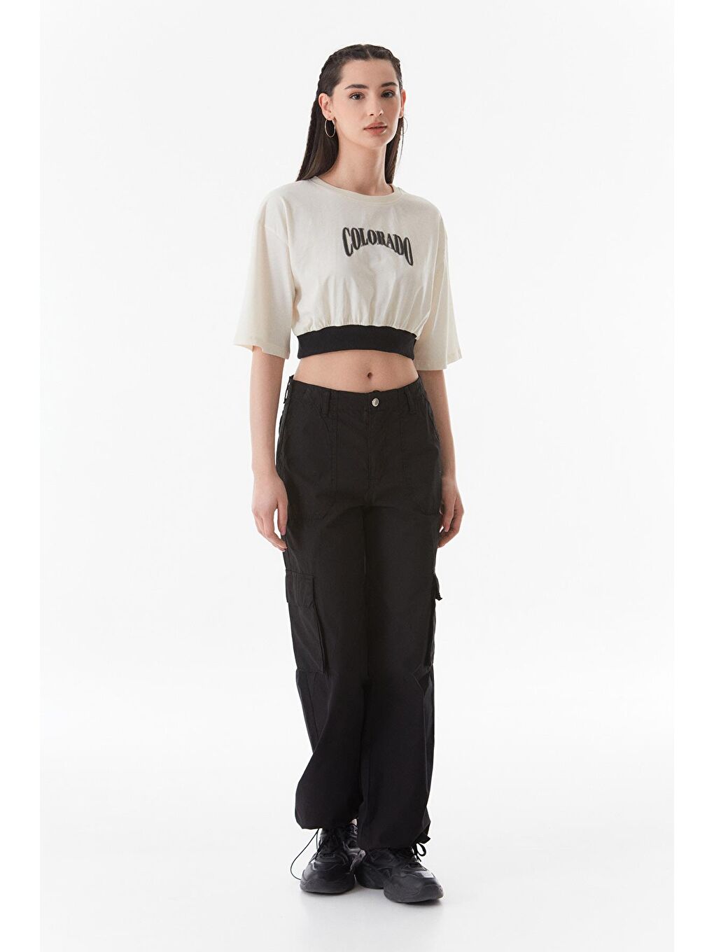 Ekru Baskılı Ribana Crop Tişört-2