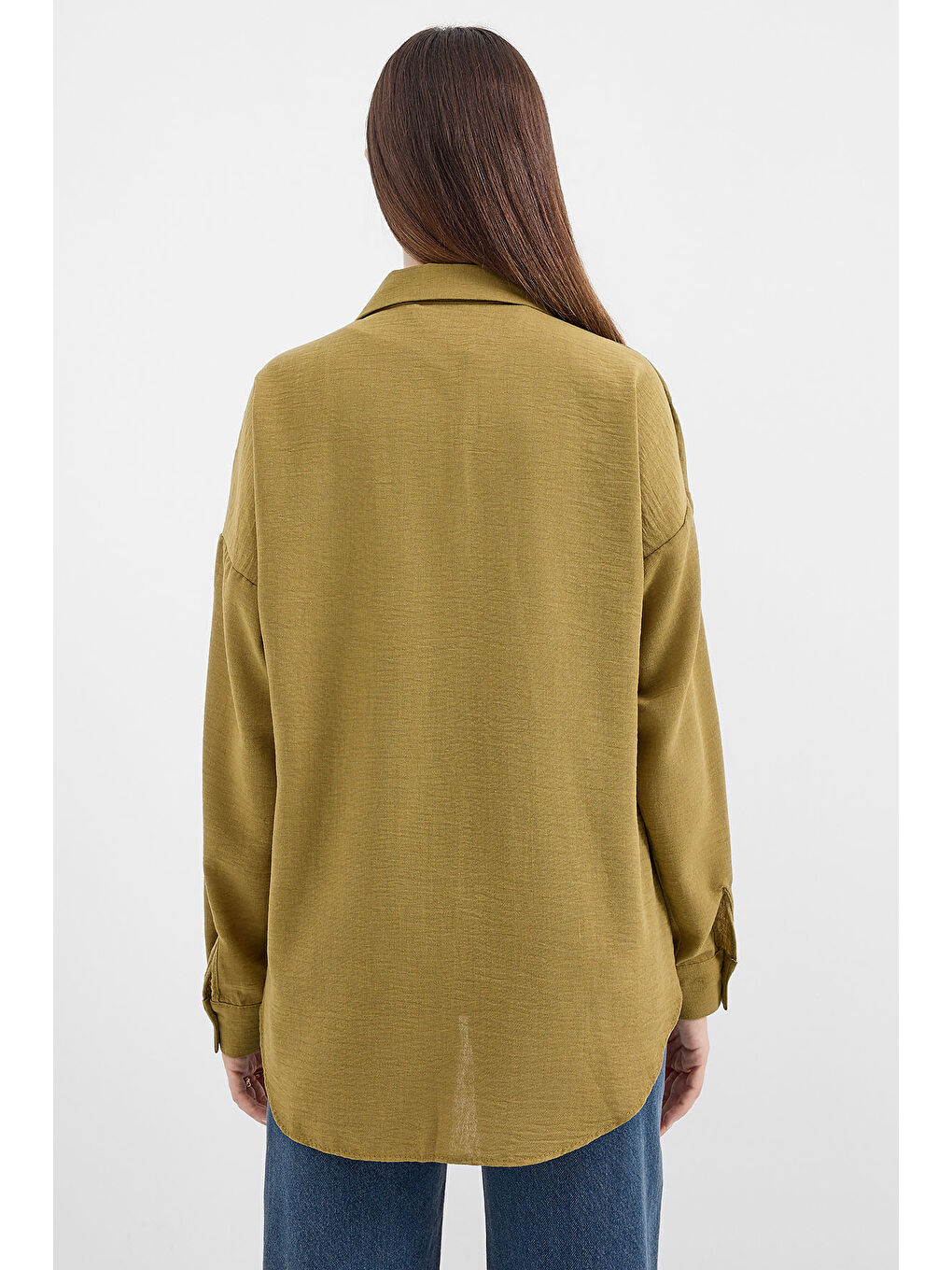 20153 Tek Cepli Oversize Keten Gömlek - F. Yeşil-4