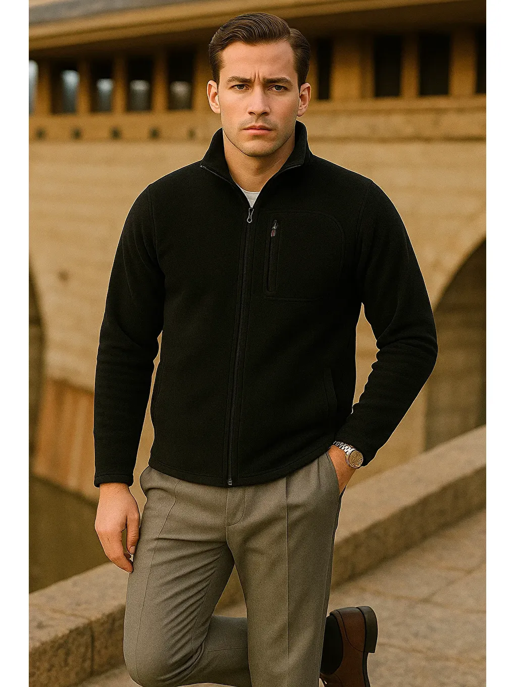 Erkek Kışlık Fermuarlı Trend Cepli Siyah Polar Ceket-2