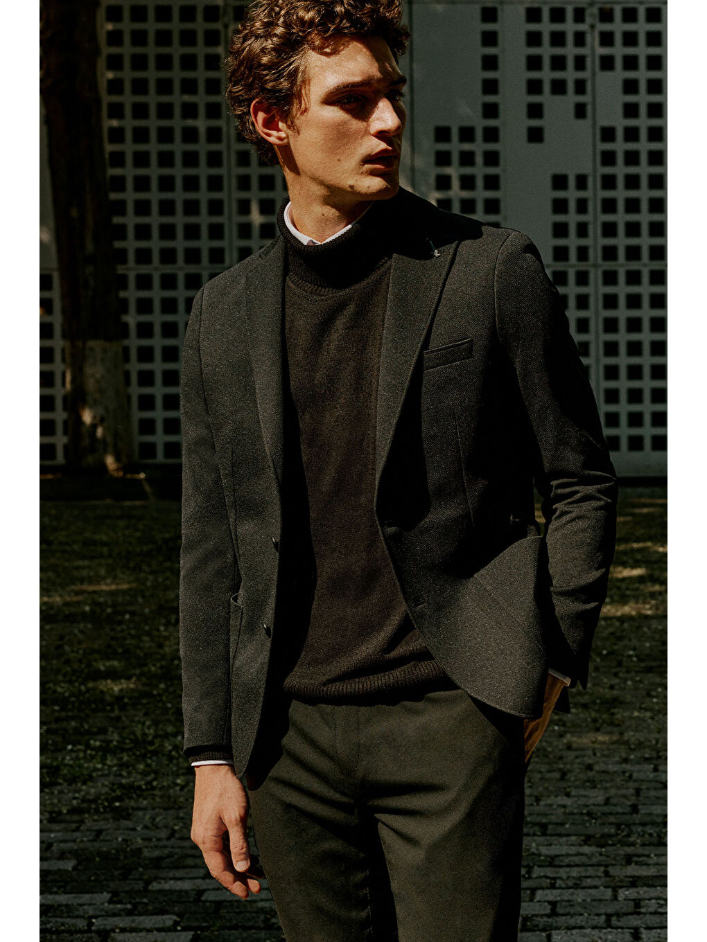 Erkek Siyah Slim Fit Dar Kesim Mono Yaka Casual Ceket