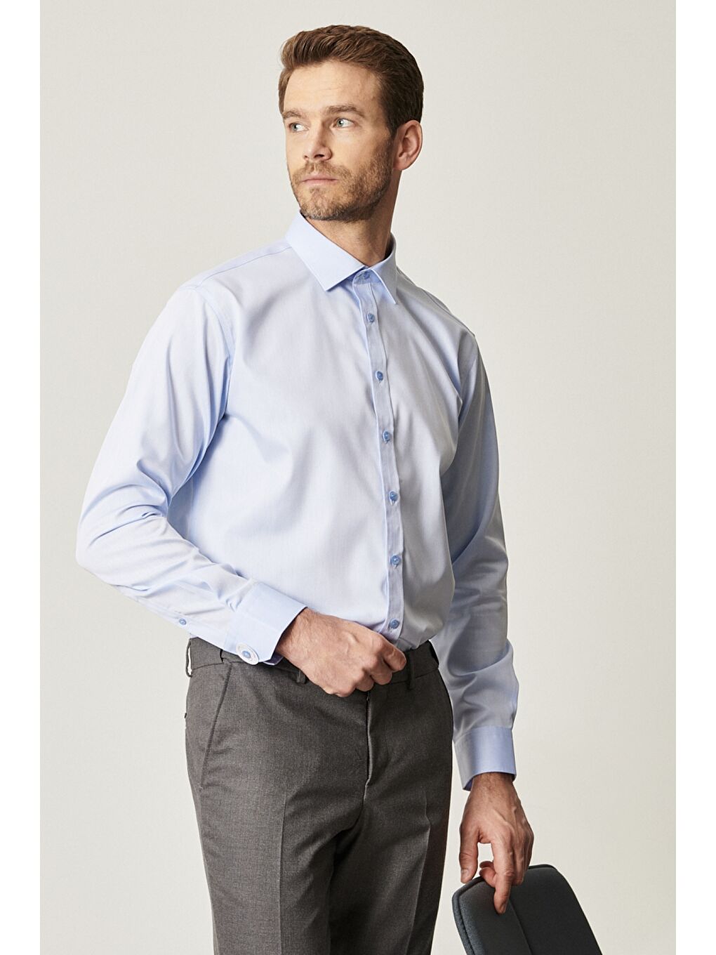 Erkek Açık Mavi Ütü Gerektirmeyen Non-Iron Comfort Fit Geniş Kesim %100 Pamuk Klasik Yaka Gömlek-2