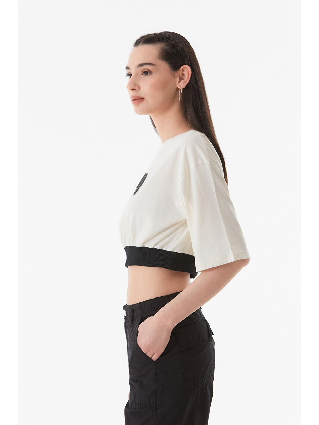 Ekru Baskılı Ribana Crop Tişört-3