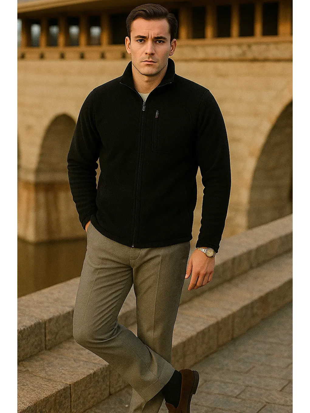 Erkek Kışlık Fermuarlı Trend Cepli Siyah Polar Ceket-3