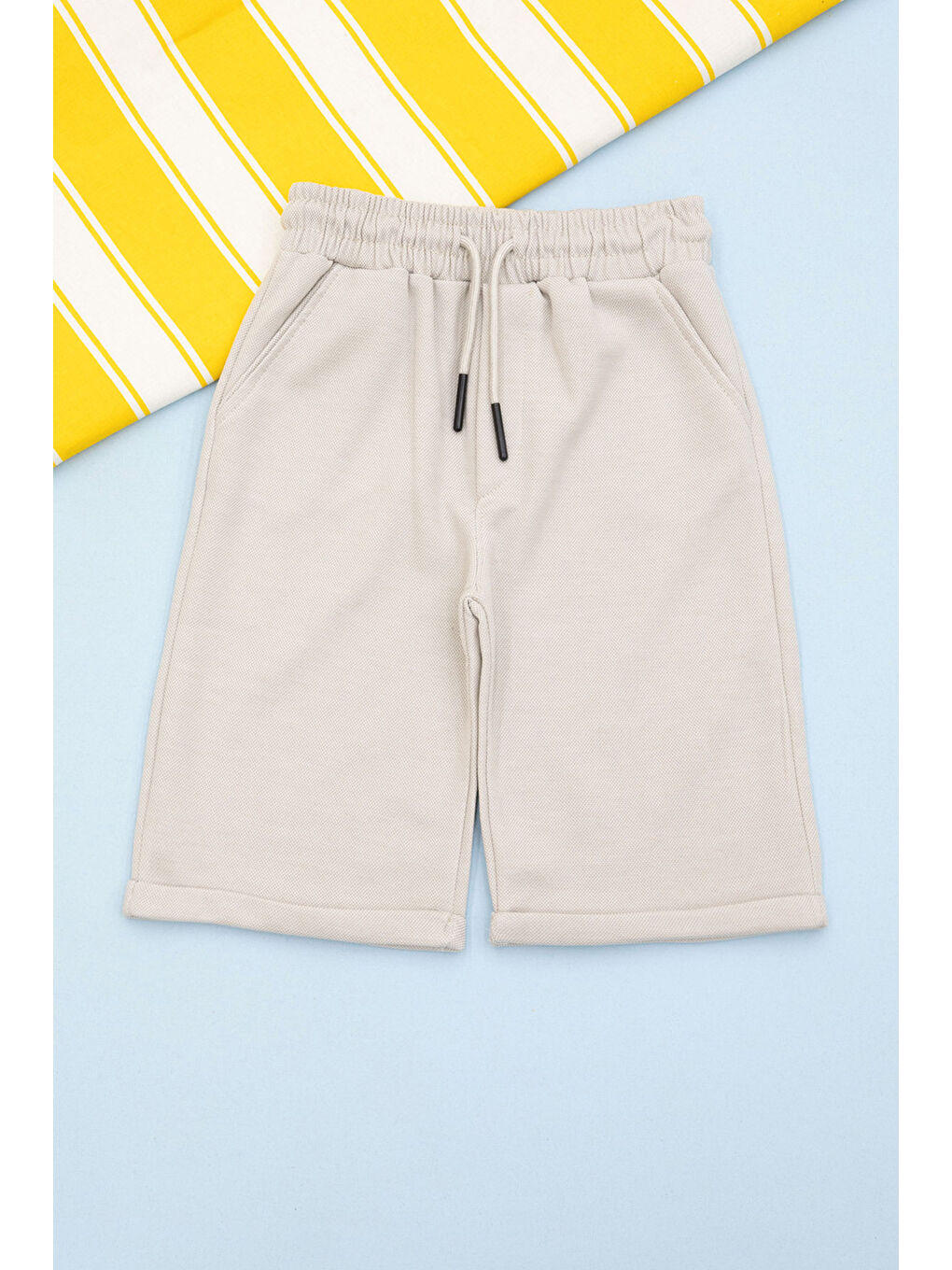 Ekru Krem Beli Lastikli Jogger Kumaş Basic Erkek Çocuk Şort 21159