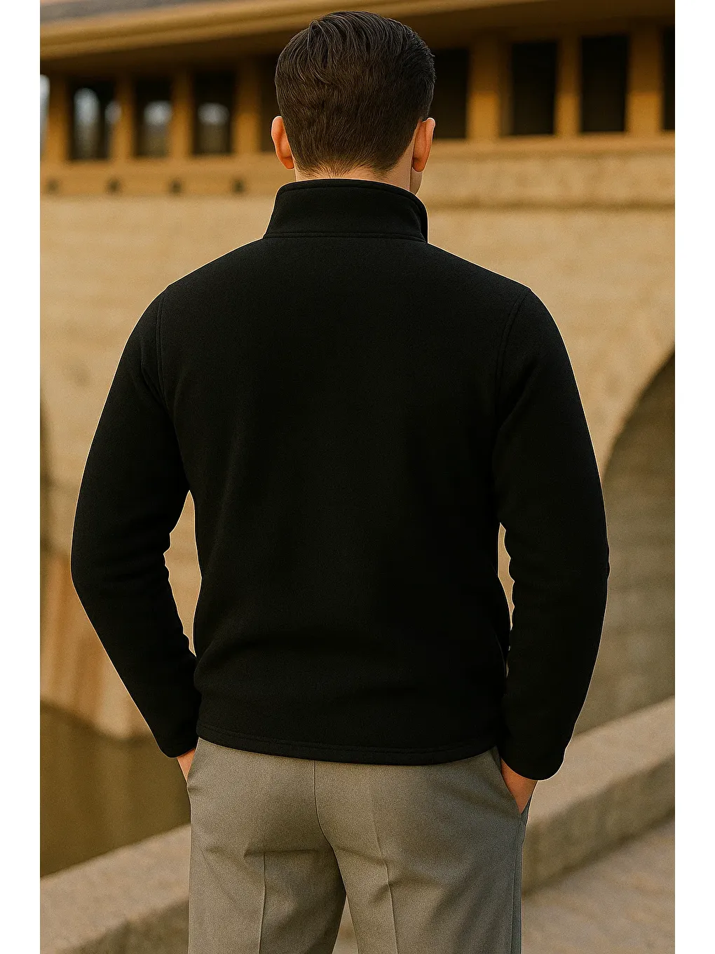Erkek Kışlık Fermuarlı Trend Cepli Siyah Polar Ceket-4