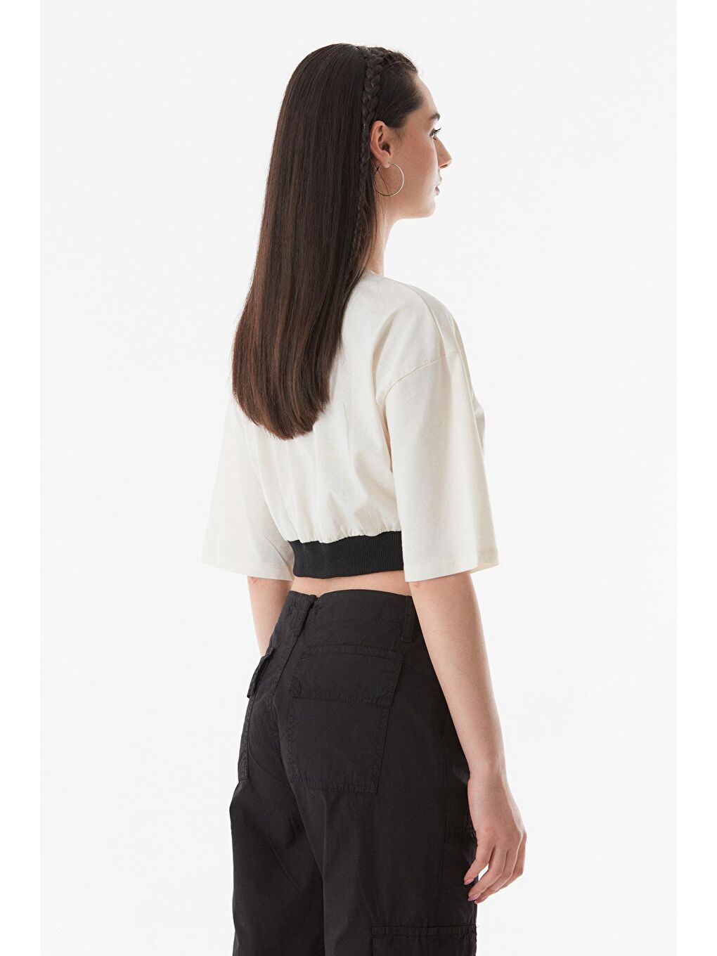 Ekru Baskılı Ribana Crop Tişört-4