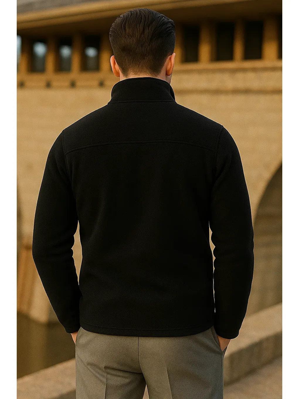 Erkek Kışlık Fermuarlı Trend Cepli Siyah Polar Ceket-5