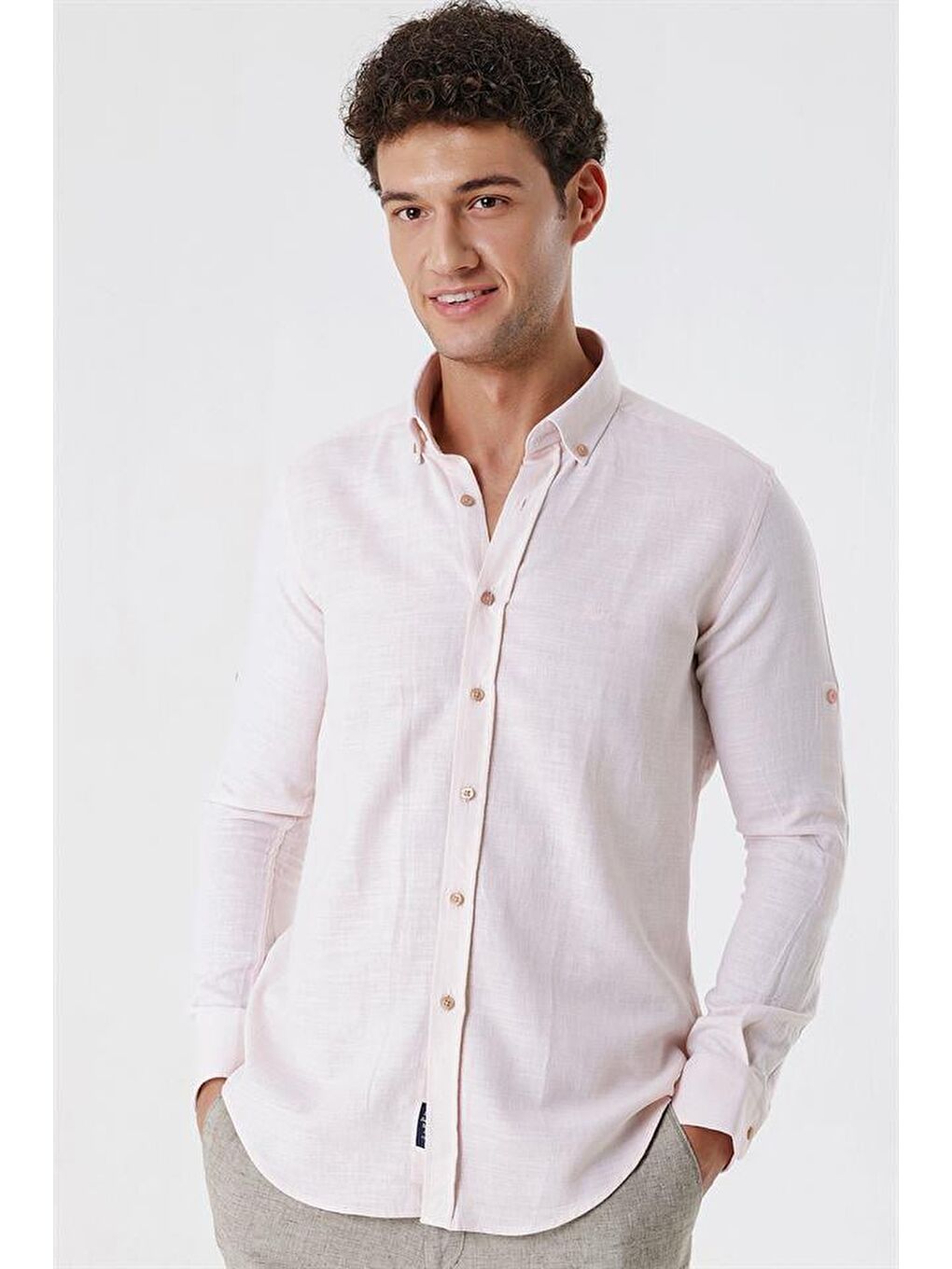 Pembe Pudra Kısalabilir Kollu Gabardin Cepsiz %100 Pamuk Casual Slim Fit Dar Kesim Gömlek 1004230180