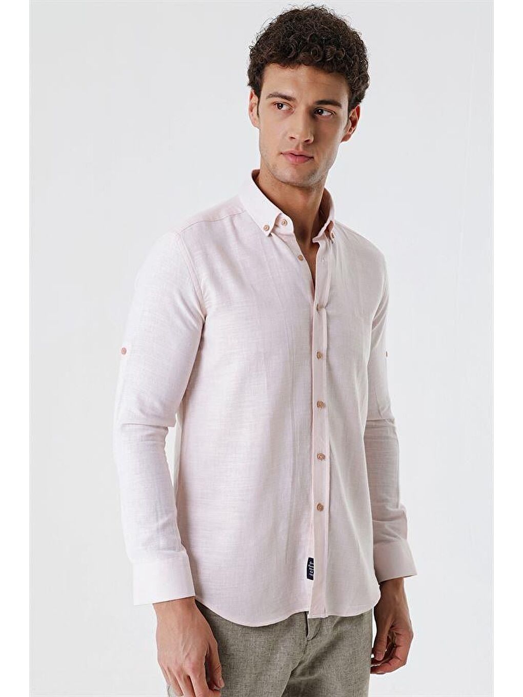 Pembe Pudra Kısalabilir Kollu Gabardin Cepsiz %100 Pamuk Casual Slim Fit Dar Kesim Gömlek 1004230180-1