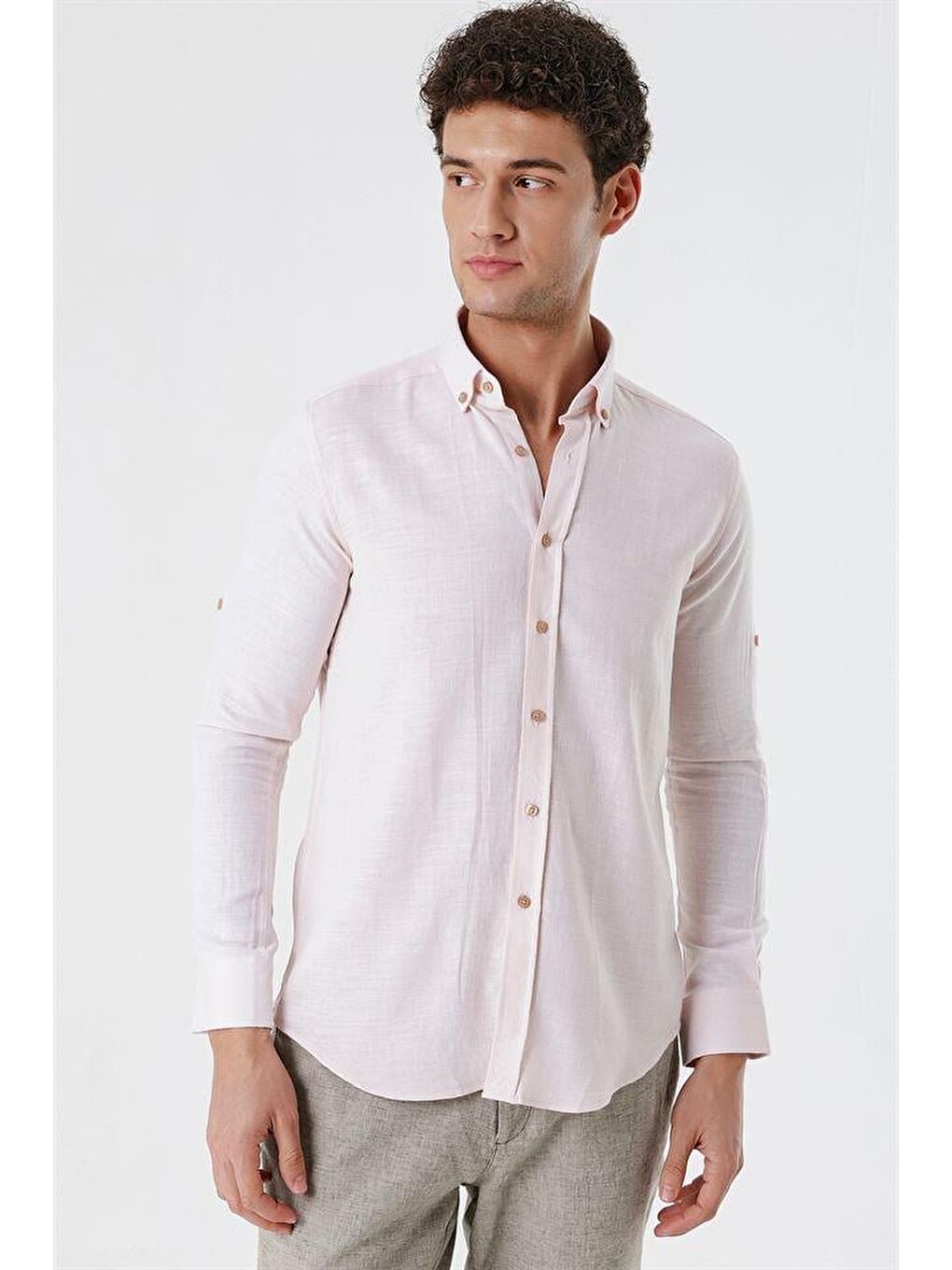 Pembe Pudra Kısalabilir Kollu Gabardin Cepsiz %100 Pamuk Casual Slim Fit Dar Kesim Gömlek 1004230180-2