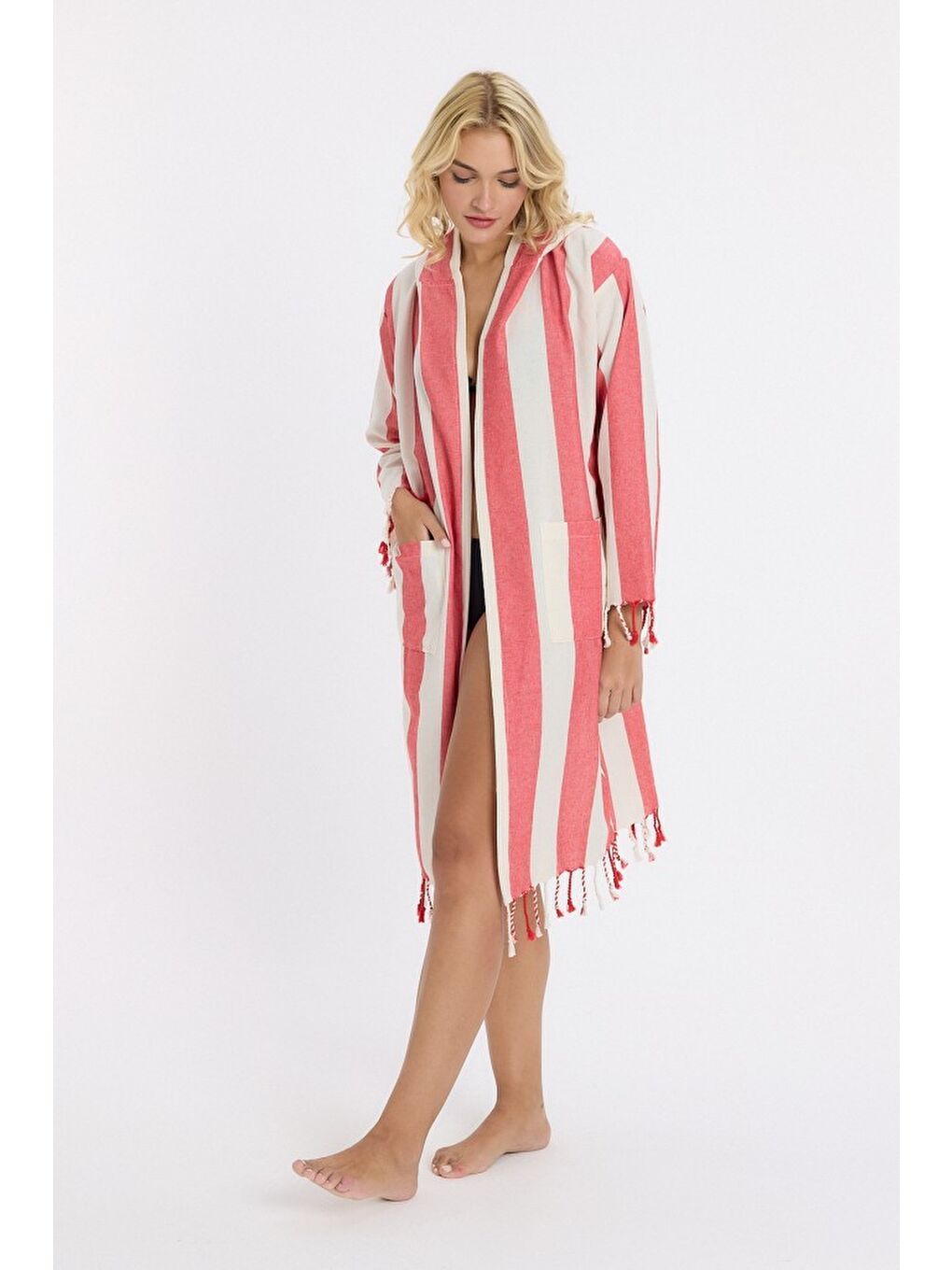 Kırmızı Striped Peştemal Bornoz Banyo ve Plaj Elbisesi-2