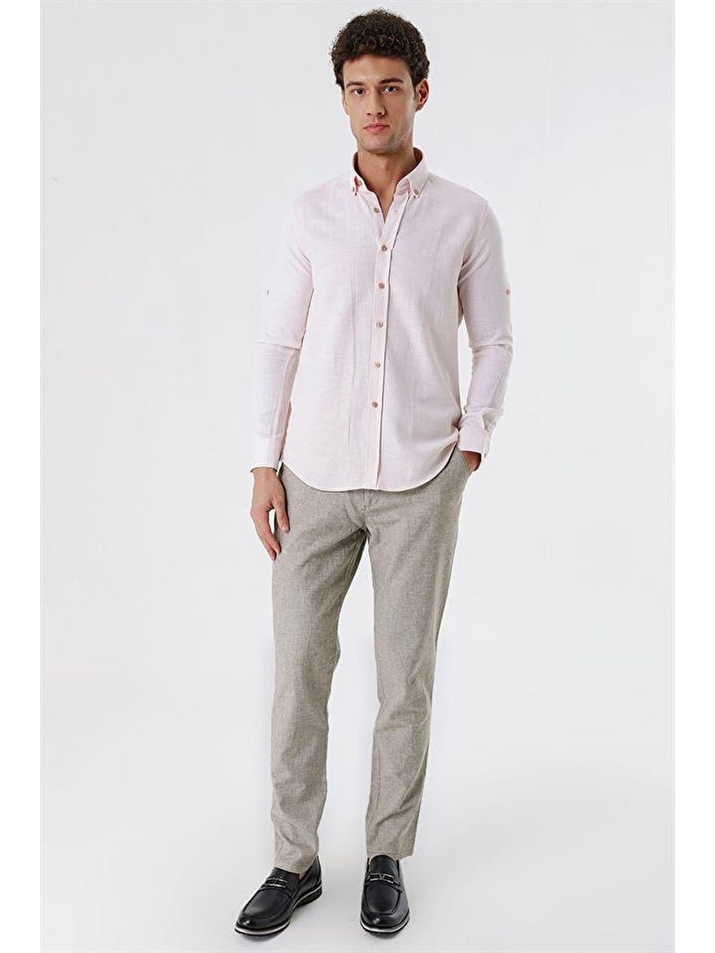 Pembe Pudra Kısalabilir Kollu Gabardin Cepsiz %100 Pamuk Casual Slim Fit Dar Kesim Gömlek 1004230180-3