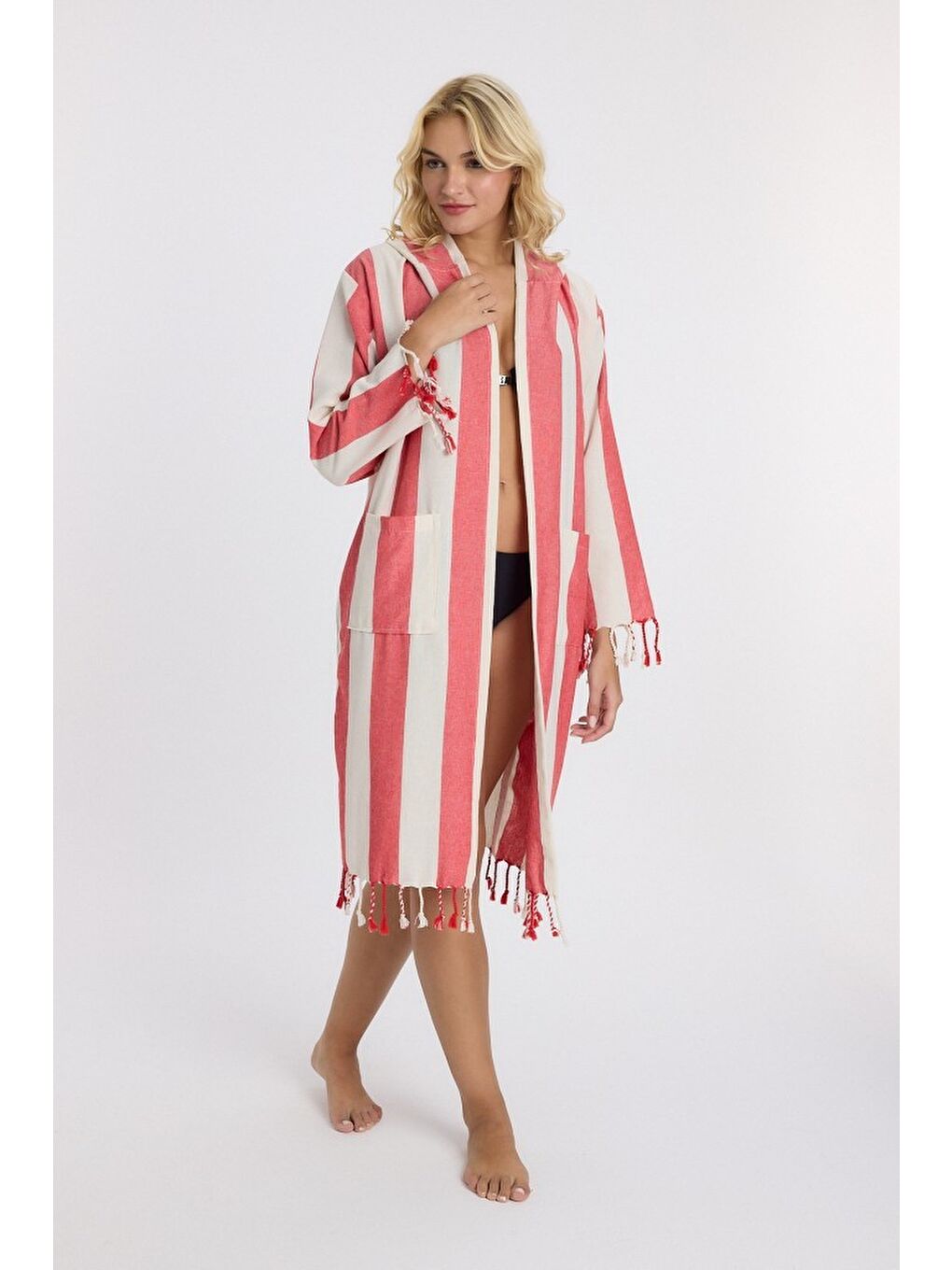 Kırmızı Striped Peştemal Bornoz Banyo ve Plaj Elbisesi-4
