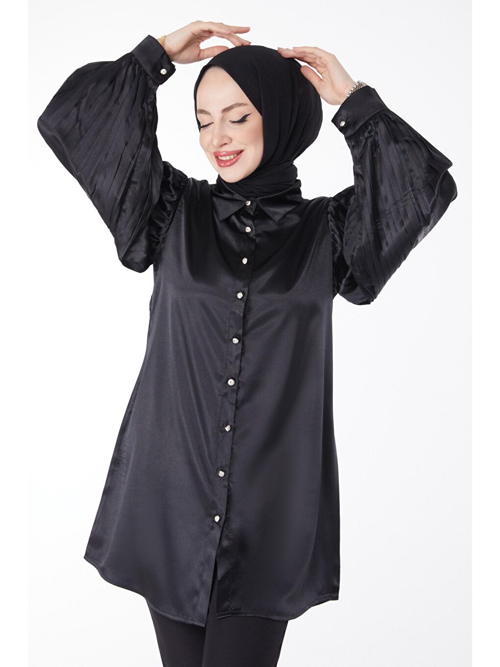 Gömlek Yaka Kadın Siyah Kolu Pileli Tunik - 24965