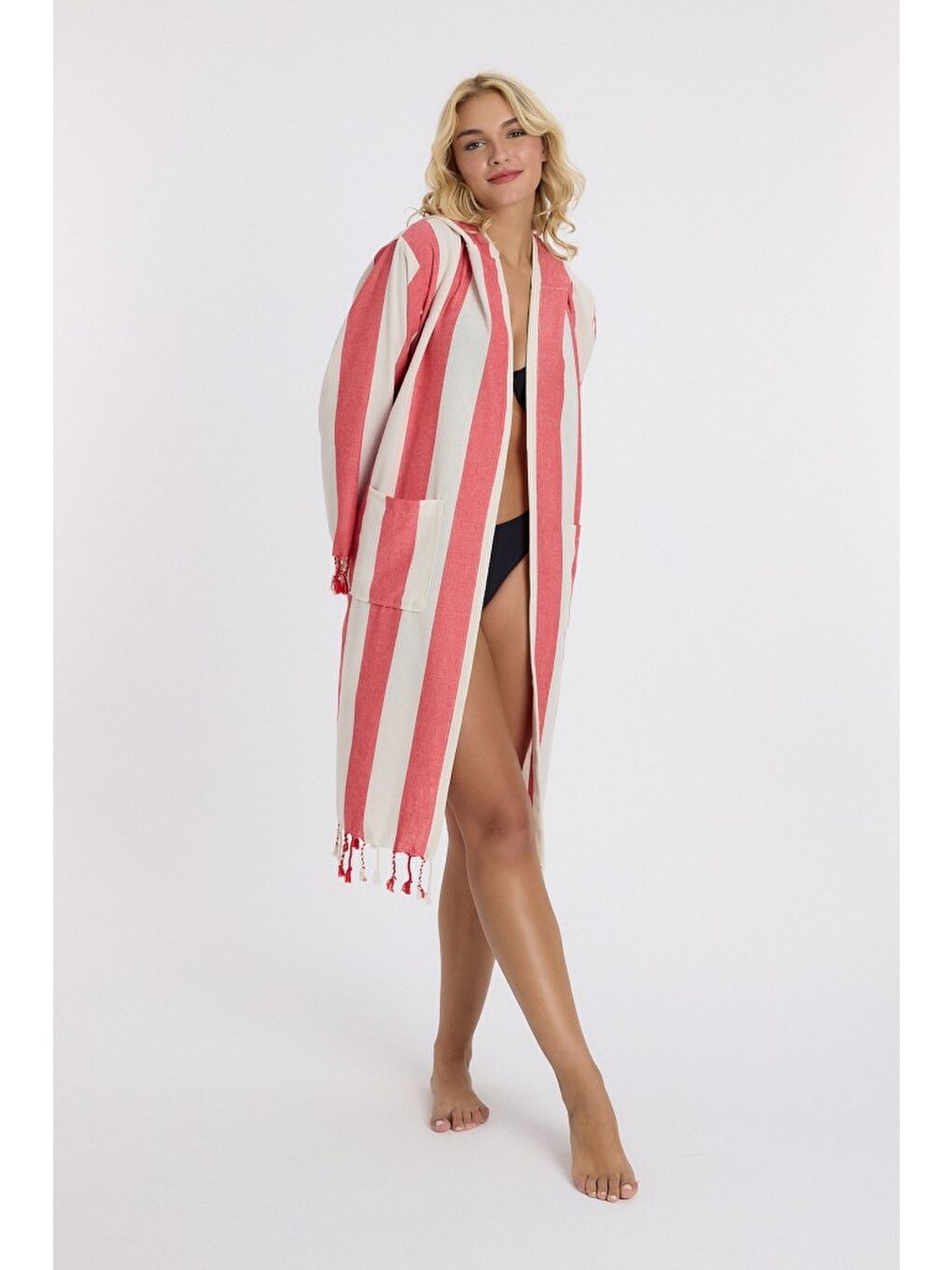 Kırmızı Striped Peştemal Bornoz Banyo ve Plaj Elbisesi-5