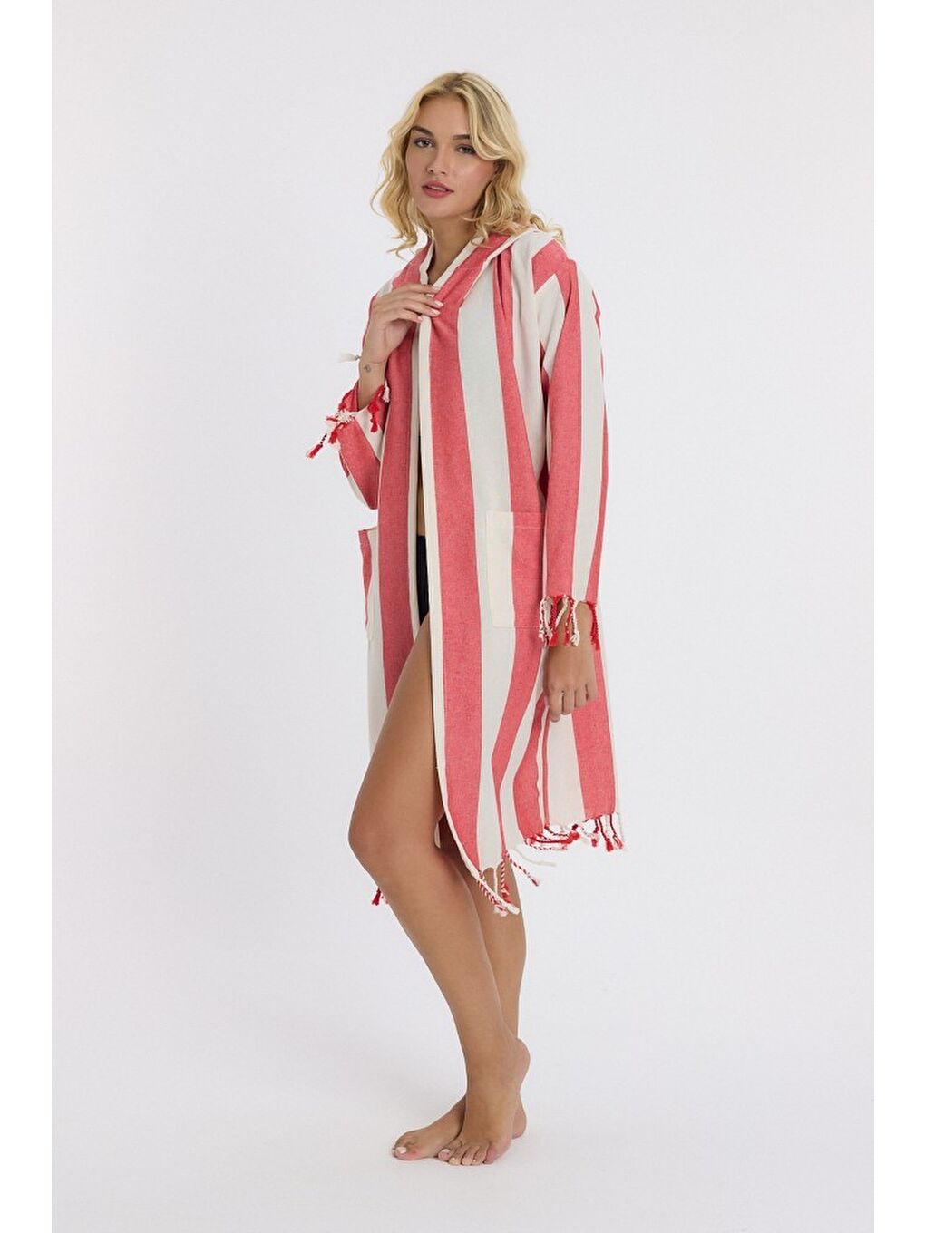 Kırmızı Striped Peştemal Bornoz Banyo ve Plaj Elbisesi-6