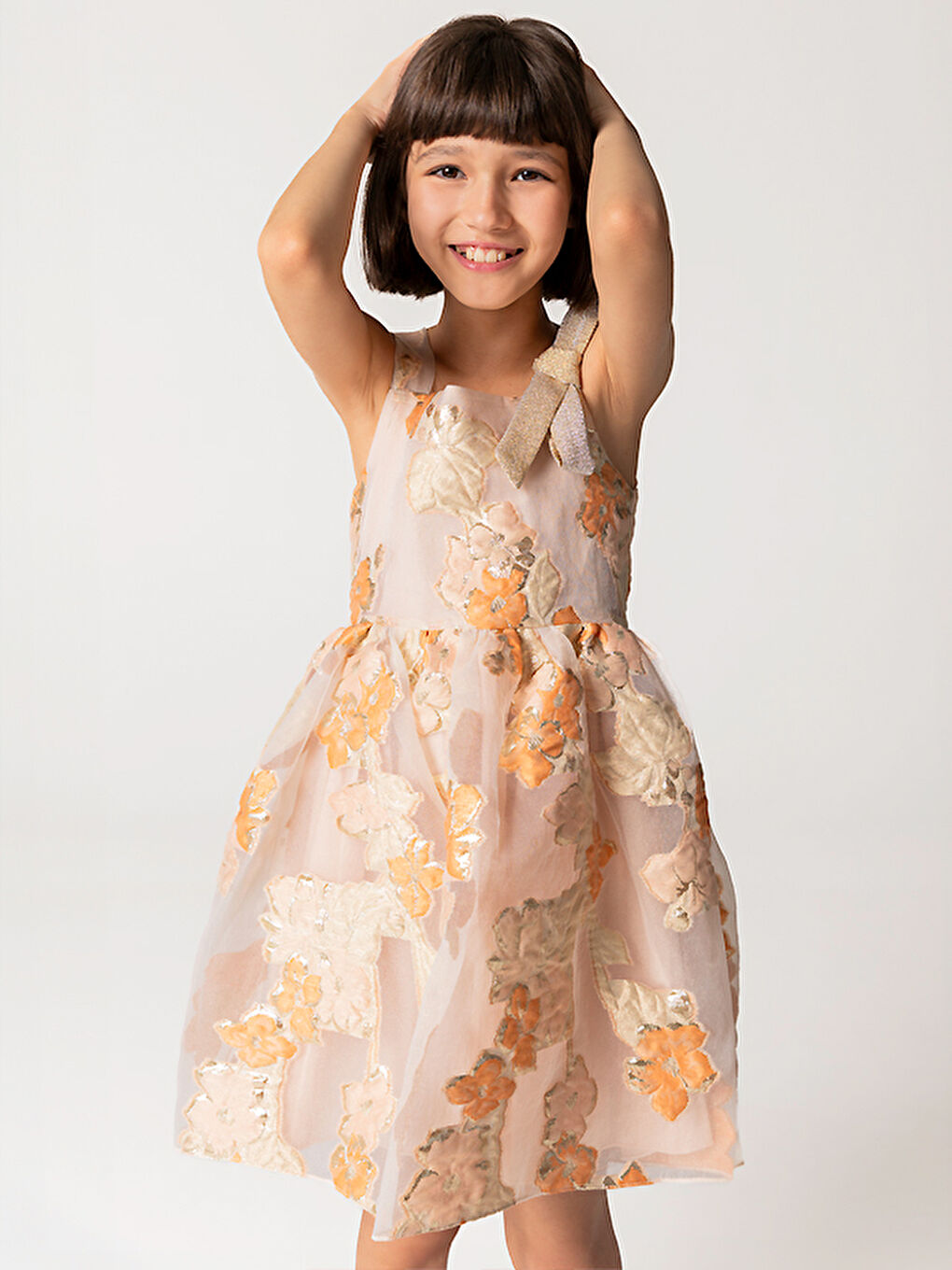 Pembe Çiçek Kabartmalı Simli Askılı Kız Çocuk Elbise-1