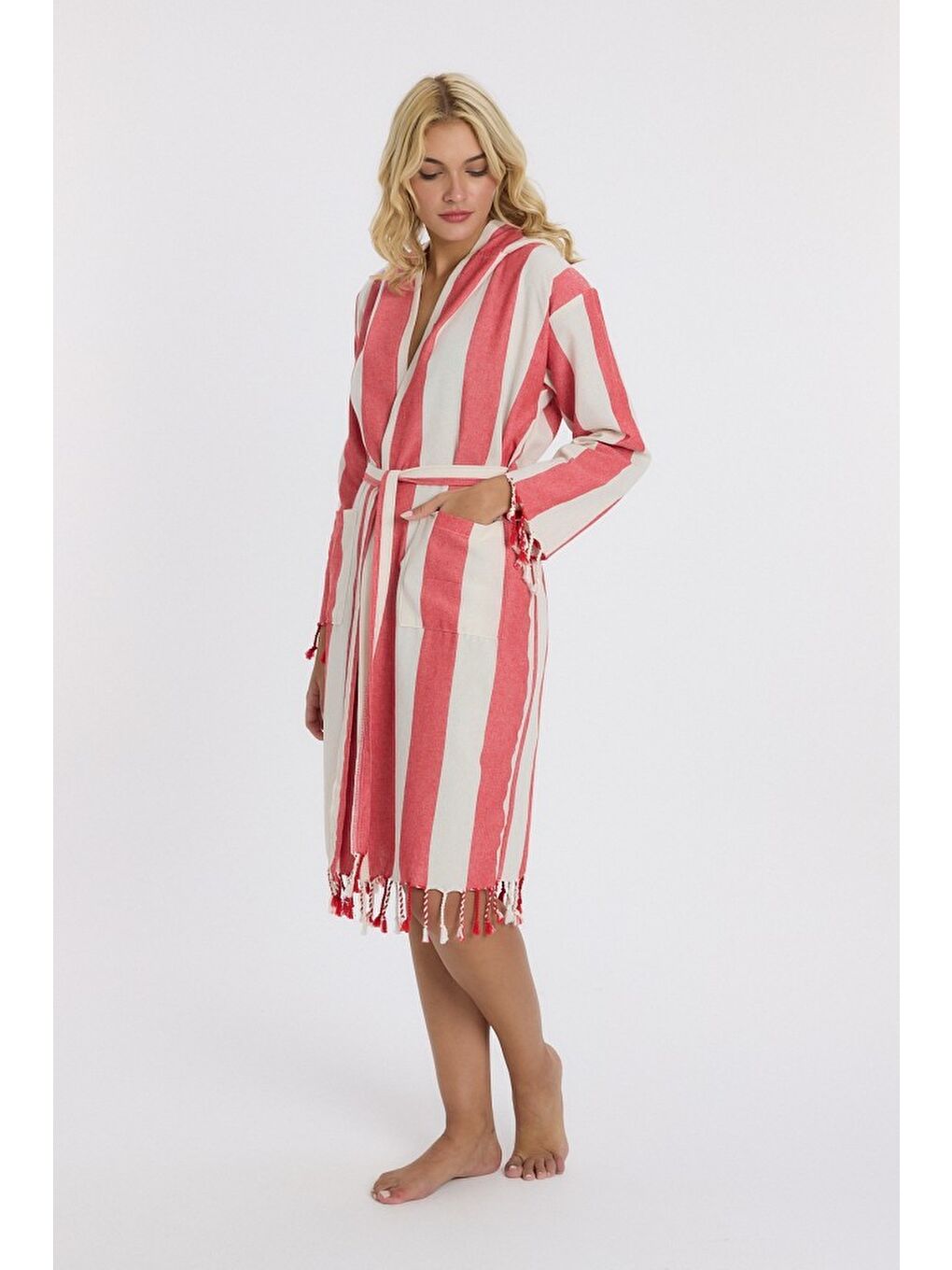 Kırmızı Striped Peştemal Bornoz Banyo ve Plaj Elbisesi-7