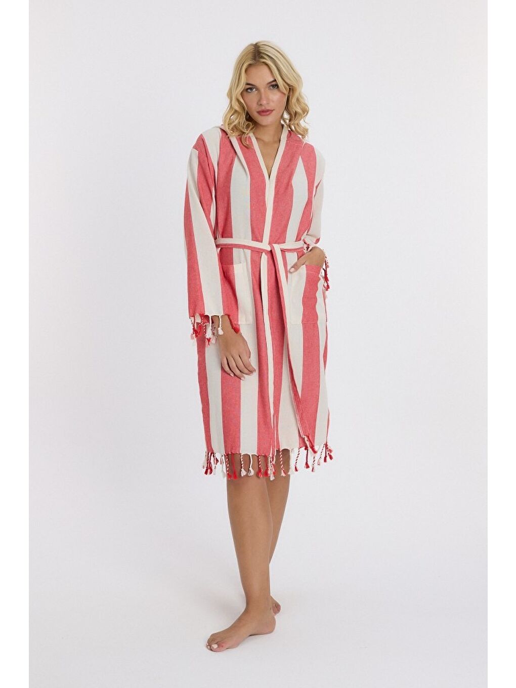 Kırmızı Striped Peştemal Bornoz Banyo ve Plaj Elbisesi-8