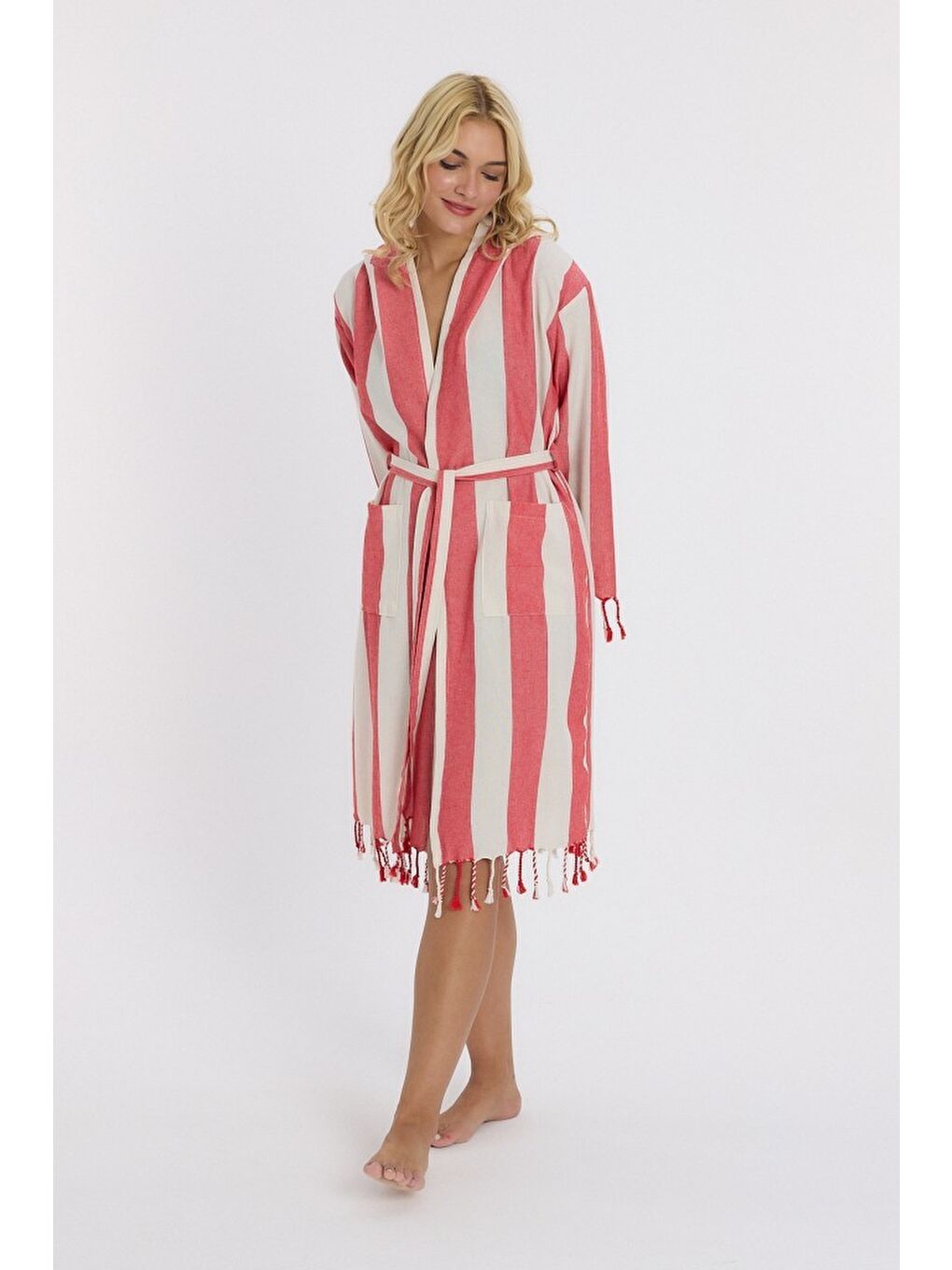 Kırmızı Striped Peştemal Bornoz Banyo ve Plaj Elbisesi-9