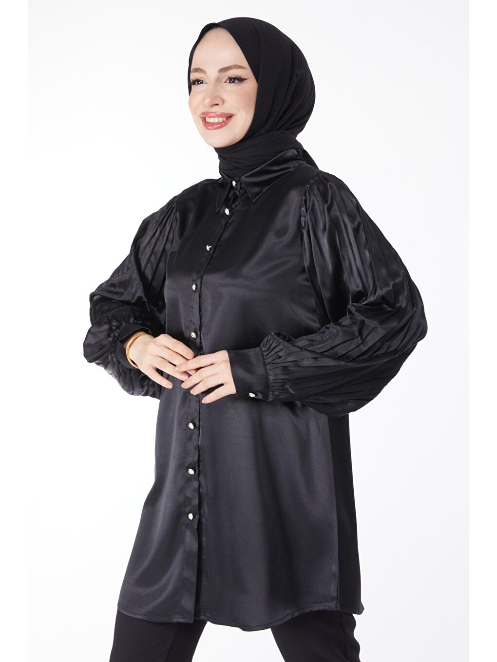 Gömlek Yaka Kadın Siyah Kolu Pileli Tunik - 24965-1