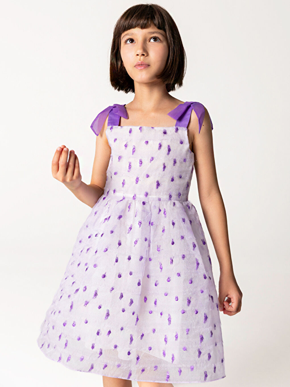 Lila Mor Askılı Ve Benekli Jakar Kız Çocuk Elbise