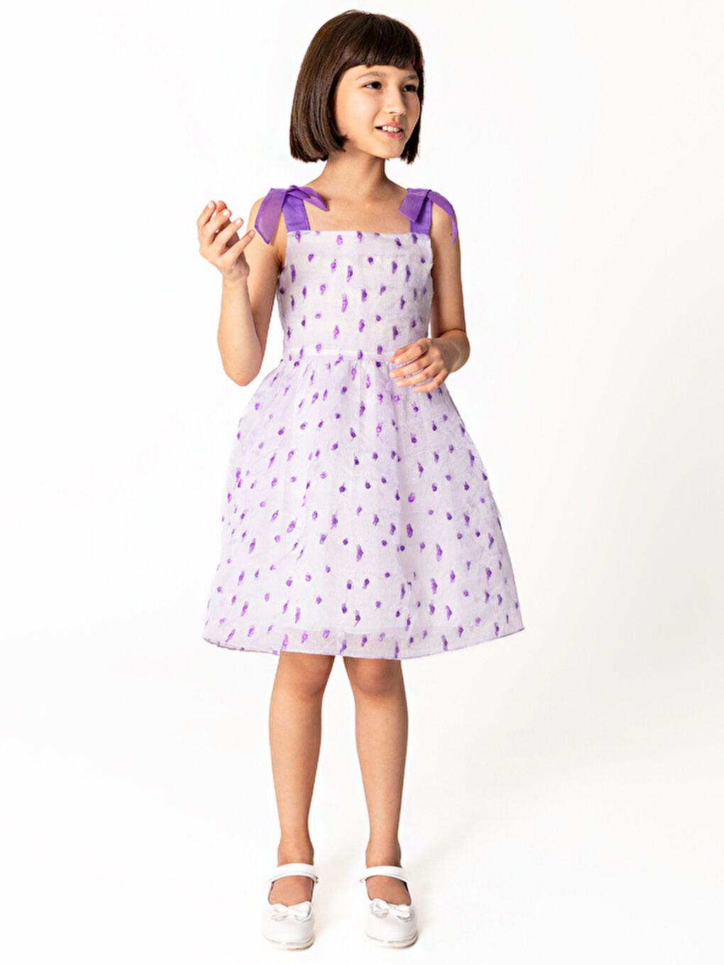 Lila Mor Askılı Ve Benekli Jakar Kız Çocuk Elbise-2