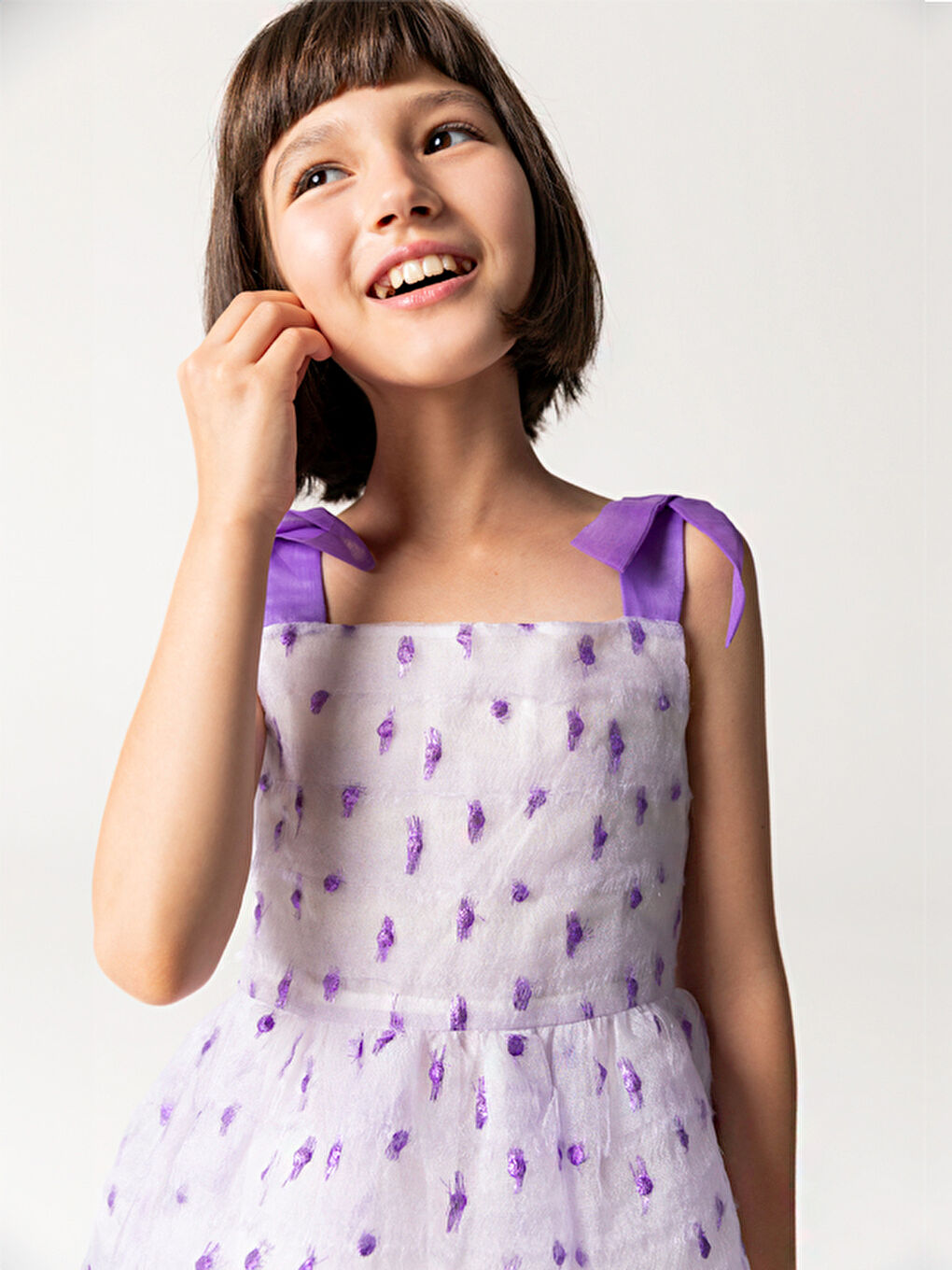 Lila Mor Askılı Ve Benekli Jakar Kız Çocuk Elbise-3